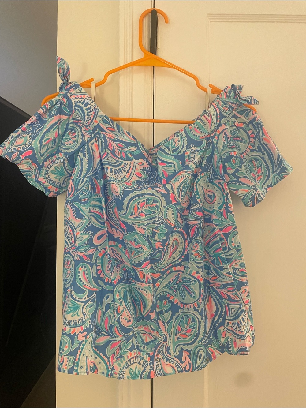 Lilly Pulitzer Blue Paisley Tie-Shoulder Off-the-Shoulder Top